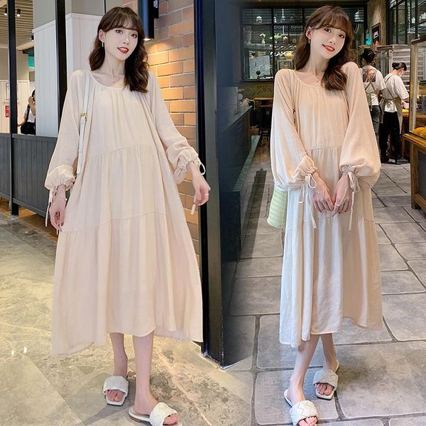 

maternity dresses 0588# clothes spring autumn cotton long sleeves french o neck solid color loose stylish dress pregnant women, White