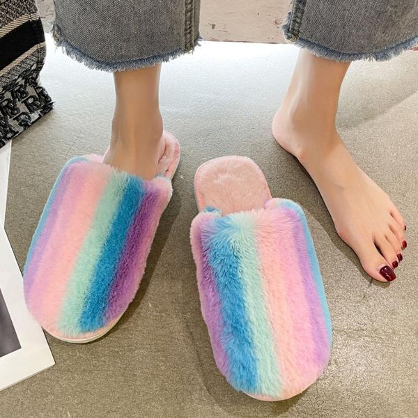 

slippers winter women rainbow warm furry colorful indoor home cotton shoes fluff fur slides casual plush house footwear, Black