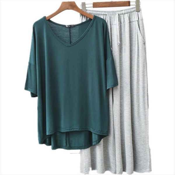 

summer modal homewear v neck womens sleepwears white t shirt loose atoff home lady sleepwear female pajamas set clothes suit, Black;red