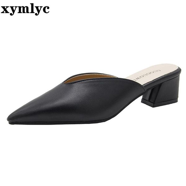 

dress shoes 2021 ladies pointed toe thick heel high heels women's fashion mid-heeled summer slippers black khaki creamy-white