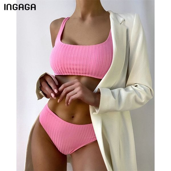 Ingaga Push Up Bikinis Sexy Swimsuits Cintura Alta Cintura Swimwear Mulheres Sólida Rosa Biquini Ribbed Ternos Banhos Bandeau Beachwear 210621