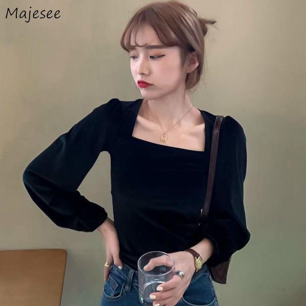 

women's blouses & shirts women square collar puff sleeve solid black french style elegant princess office lady designer all-match femal, White