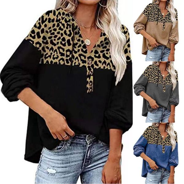 

women's hoodies & sweatshirts leopard printed raglan sleeve sweatshirt women vintage cord poleron button contrast color hoodie street s, Black