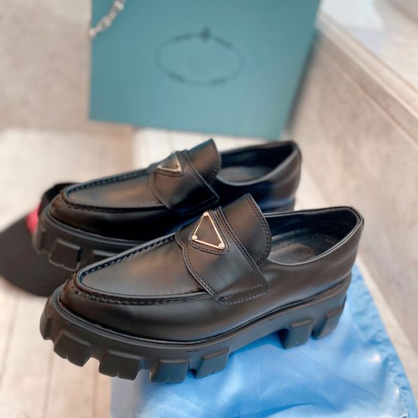 

black polish platform loafers pointed toes shoes for women luxury designers triangle logo heavy duty chunky sole monolith penny lu
