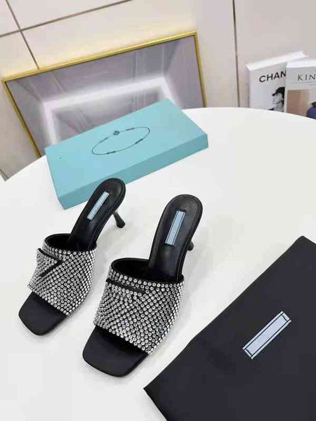 

spring 2022 crystal diamond slippers iconic triangular square head high-heeled women shoes size 35-42 with box, Black