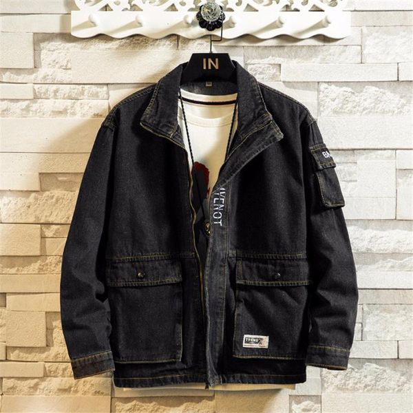

men's jackets casual loose denim jacket trend brand spring autumn turn down collar fashion tooling coats with big pocket for man, Black;brown