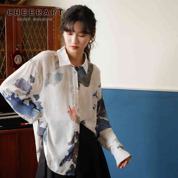 

mountains and rivers print long sleeve blouse women white see through collar shirt casual korean fashion clothing 210427