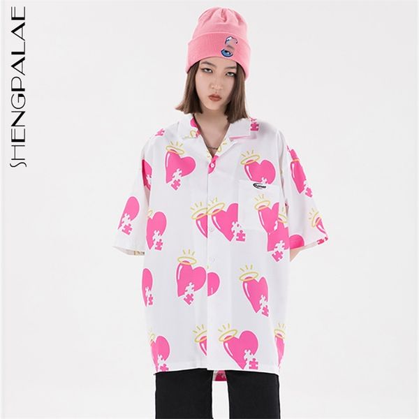 

hip hop streetwear blouse summer lapel large size single breasted love broken pattern short sleeve shirt 210427, White