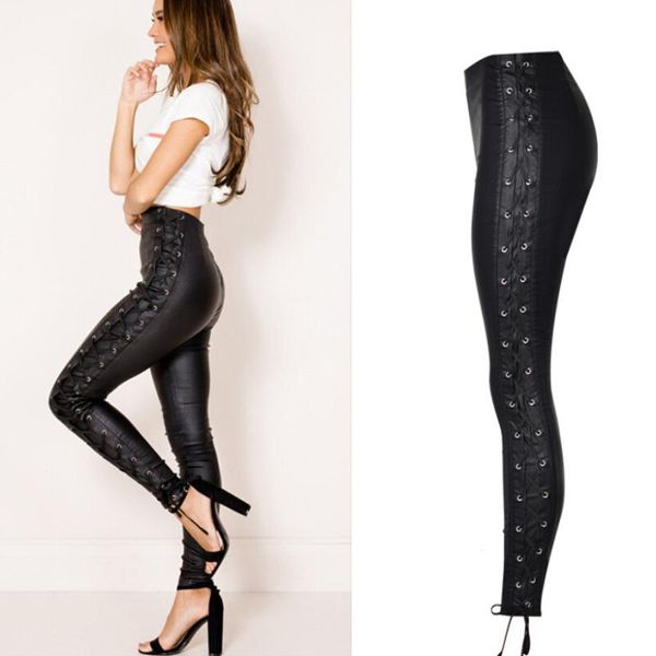 

women's pants & capris women imitation leather skinny side lace up elastic trousers woman high waist black leggings plus size pantalon, Black;white