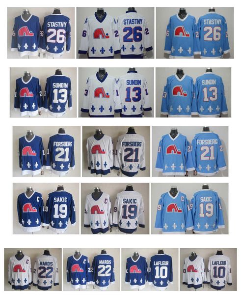 

vintage ccm quebec nordiques hockey jerseys 21 peter forsberg 19 joe sakic 13 mats sundin 26 peter stastny 10 lafleur 22 marois retro jersey, Black;red