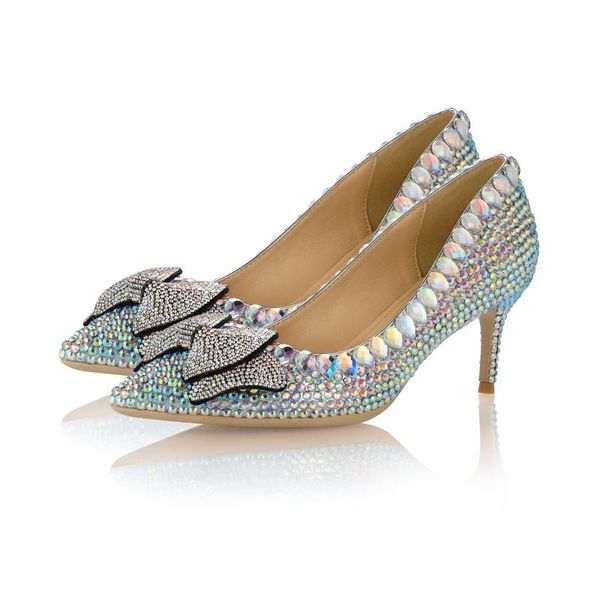 

dress shoes diamond bow wedding handmade thin heels ladies shoe fashion high-heeled shallow pointed toe crystal pumps for brides, Black