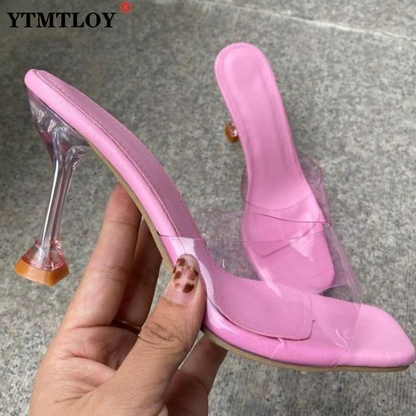 

slippers transparent crystal heel women's summer fashion wine glass square toe sandals large size peep, Black