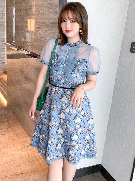 

casual dresses printed mesh stitched ruffle dress 2021 summer, Black;gray