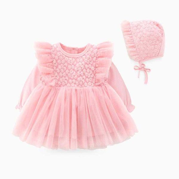 Vestiti per bambini appena nati Autunno Ragazze Full Moon Party Dress Cute Baby Girl Manica lunga Abito da principessa Costume infantile Abito in pizzo rosa Q0716