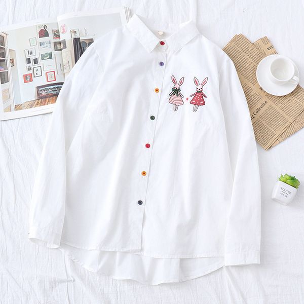 

japanese kawaii animal bunny women shirts cute rabbit long sleeve ladies lolita preppy button down white casual blouses, White;black