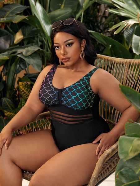 

plus fish scales contrast mesh one piece swimsuit z3tq#, Black