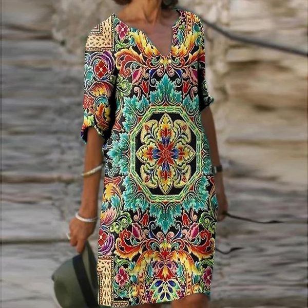 

half sleeve v neck casual women dress vacation printed short shift sukienka damska plus size woman, Black;gray