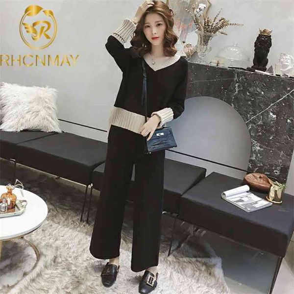

korea style autumn and winter splicing color v-neck loose knitted high waist wide leg pants fashion two piece set 210506, White