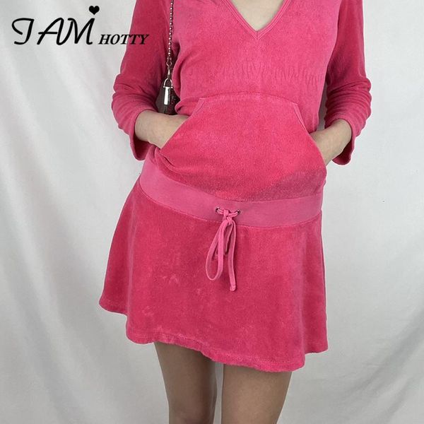 

casual dresses iamty pink velvet hooded dress a line sports mini hoodie long sleeve drawstring robe cute fashion outfit 2021, Black;gray