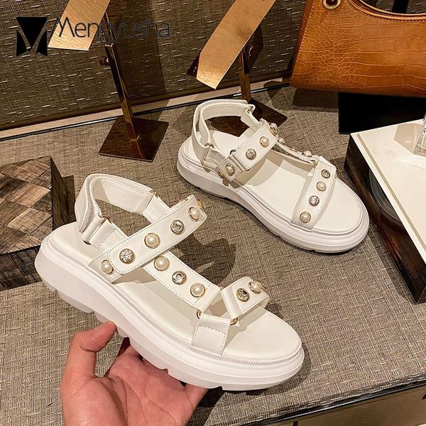 

dress shoes student pearl crystal band hook&loop gladiator sandals woman elevated daddy women open toe beads platform sandalias 2021, Black