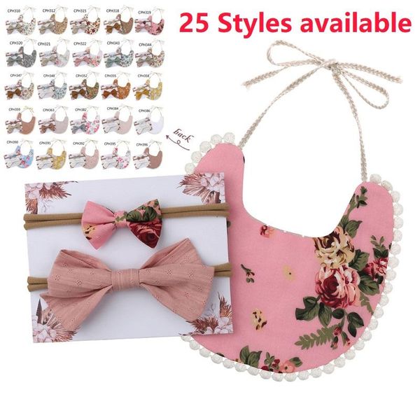 

bibs & burp cloths 1 set baby printing bowknot headband double sided soft cotton feeding saliva towel bandana scarf hair band kit for