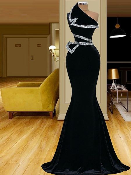 

black velour mermaid evening dresses one shoulder custom made long prom gowns vestidos formales, Black;red