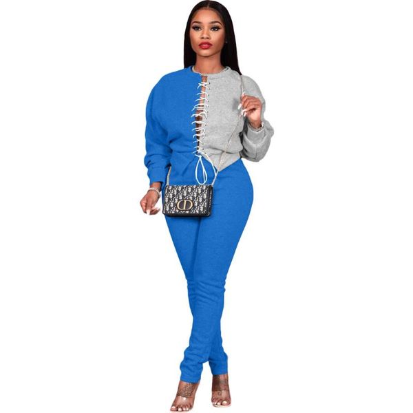 

women's two piece pants cutubly set front lace up pullover pencil outfit color patchwork tie s- 3xl casual long sleeve outdoor, White