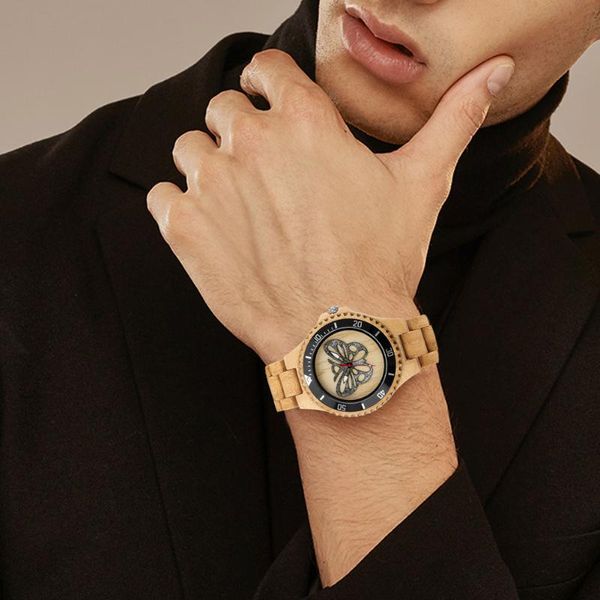 

wristwatches 2021 retro wood butterfly face quartz wrist watch men's watches male classical wooden band clock man with necklace, Slivery;brown