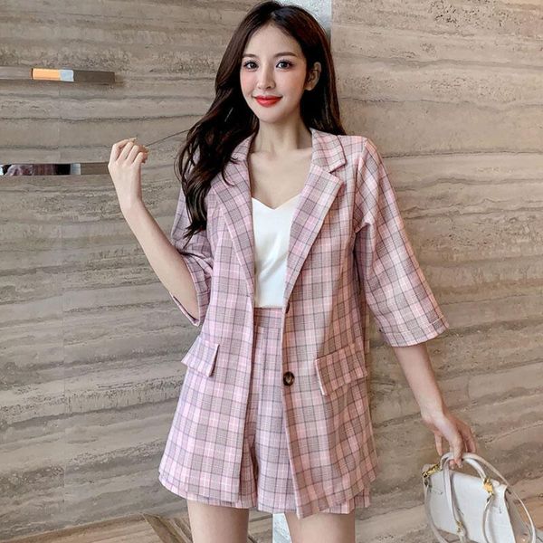 

women's tracksuits two piece sets women summer clothing fashion vintage plaid office lady set half sleeve blazer + shorts ladies suits, Gray