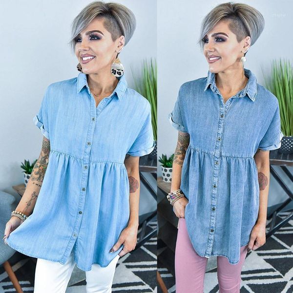 

short sleeve lapel wash loose casual denim dress style two piece, White