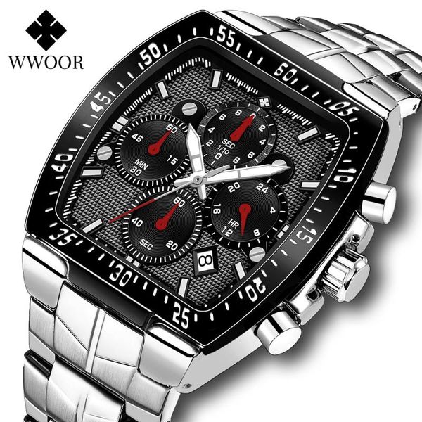 

wristwatches 2021 wwoor sports quartz watches men luxury square stainless steel wristwatch military waterproof chronograph relojes hombre, Slivery;brown