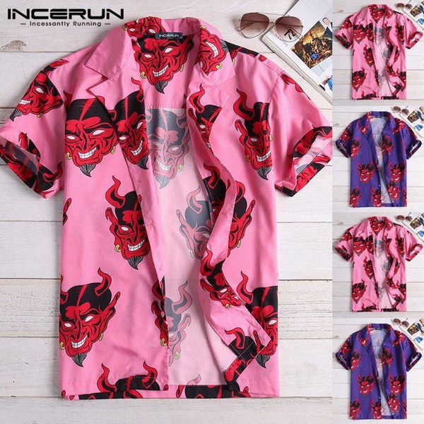 

men's casual shirts incerun fashion man 2021 men big devil camisa masculina loose short sleeve streetwear 5xl, White;black