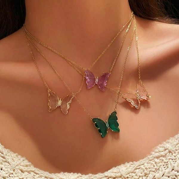

pendant necklaces fashion bohemia crystal transparent butterfly necklace choker clavicle gold chain women gift jewelry, Silver