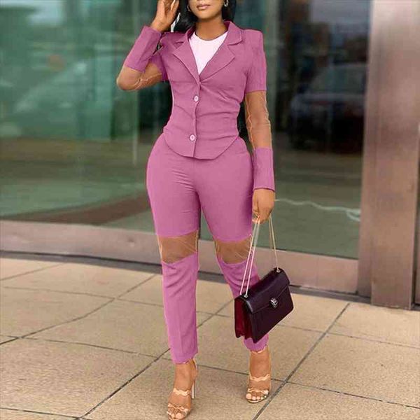 

two piece elegant ol work suits mesh insert blazer amp slim pants set, White