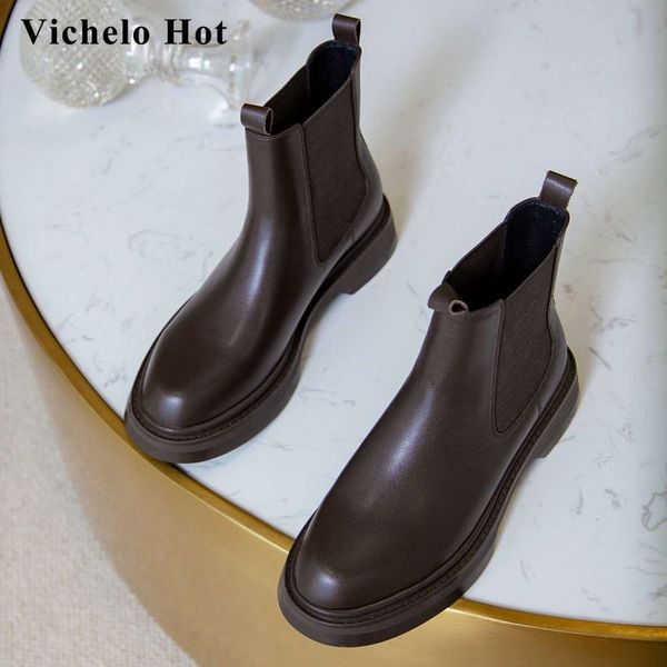 

boots vichelo stretch natural leather classic colors maiden round toe thick med heel slip on beauty lady ankle l90, Black