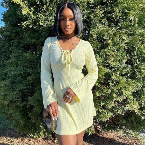 

casual dresses light green blue fresh long sleeve knitted mini dress lace up v neck elegant women fall spring solid mujer, Black;gray