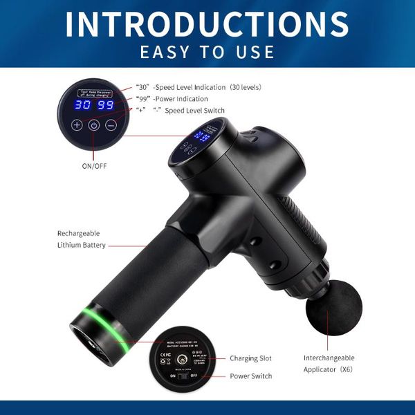 

massage gun muscle massager deep tissue percussion 30 speed 6 heads level professional handheld electric body
