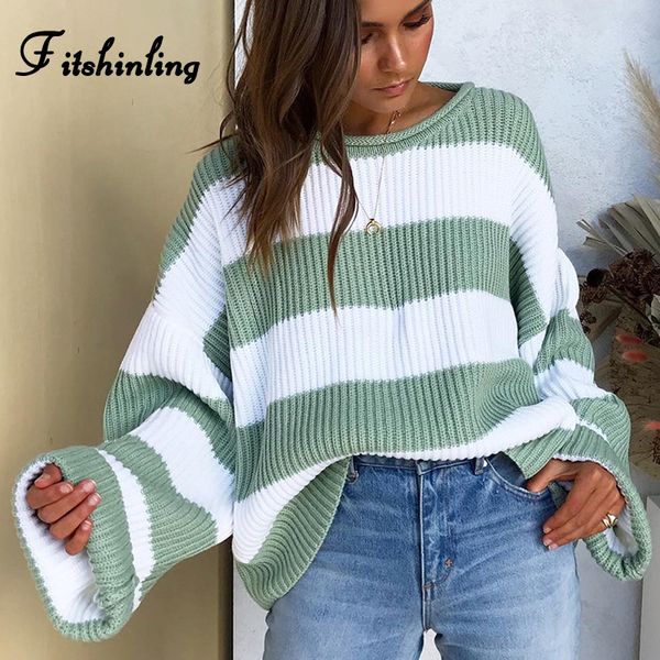 

fitshinling striped loose ladies sweater pullover 2021 autumn winter new arrival green jumpers knit sweaters women pull femme, White;black