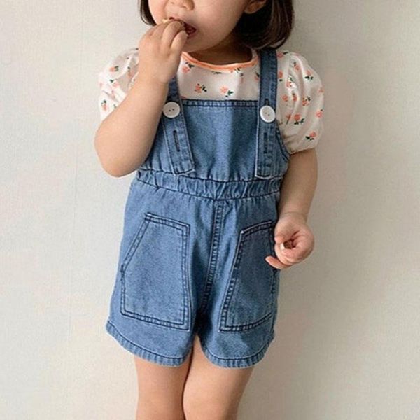 

summer girls overalls elastic denim shorts solid loose suspend pants for kids jumpsuits, Blue