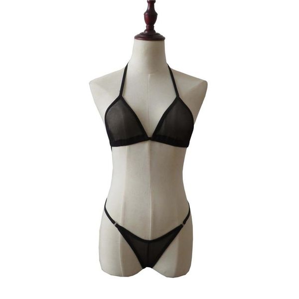 

women's swimwear see through bikini women swimsuit biquini mini bikinis net yarn solid color halter lace dew point thong, White;black
