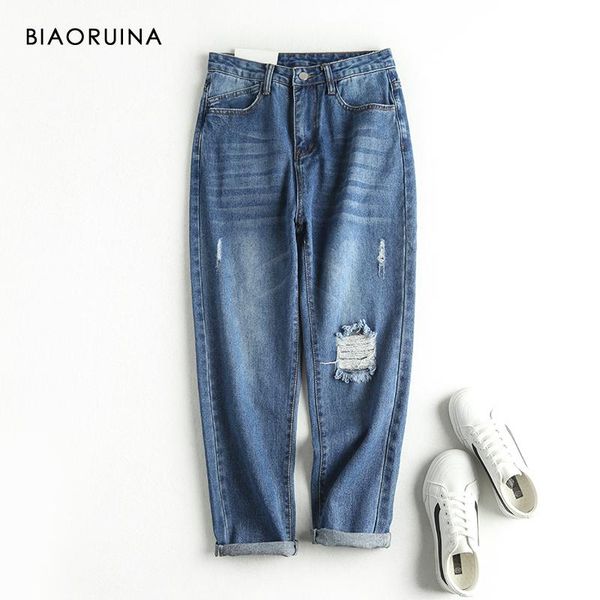 

women's jeans biaoruina washing bleach ripped daddy female scratched fashion loose straight ankle length streetwear, Blue