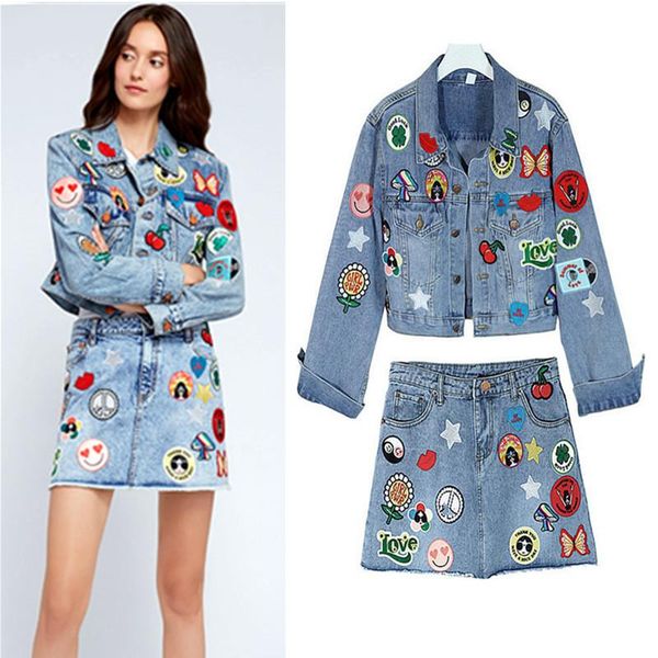 

two piece dress spring and autumn cowgirl clothing set embroidery applique denim short jacket ladies slim runway skirt suit nz06, White