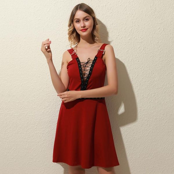 

casual dresses fashion vintage lace-up dress women elegant v-neck sleeveless sling long beach loose summer plus size 5xl, Black;gray