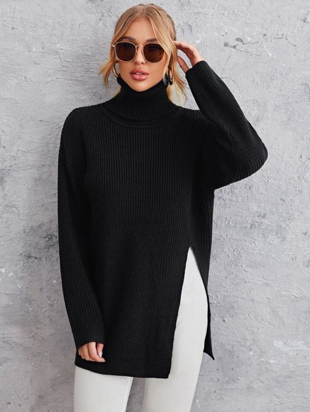 

solid high neck split hem sweater a1qb#, White