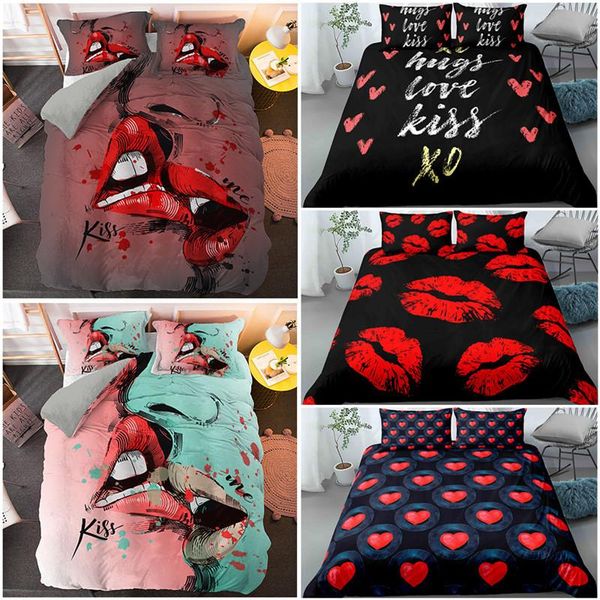 

bedding sets red lips printed duvet cover set 3d for lovers couples  king size quilt pillowcase kiss bed