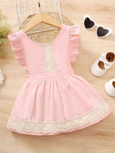 

baby guipure lace panel ruffle trim overall dress she, Red;yellow