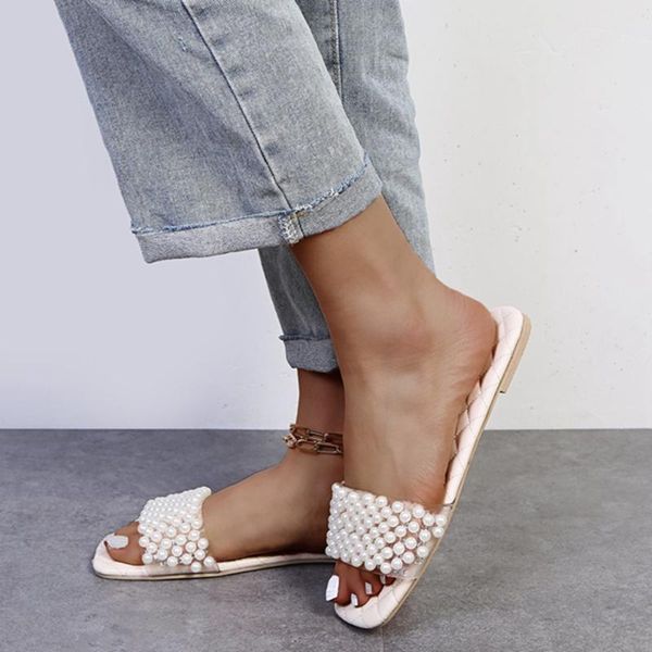 

slippers women's slip-on flat simple light summer ladies' with open-toed pearls for casual beach shoes#, Black