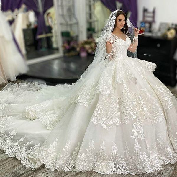 

long sleeve ball gown wedding dresses 2021 luxury v neck beading lace appliqued bridal gowns with chapel train vestidos de novia robe mariee, White
