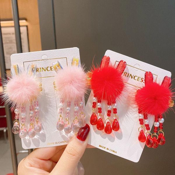 

hair accessories red children's antique hairpin girls hanfu tassel head jewelry baby ball costume, Slivery;white