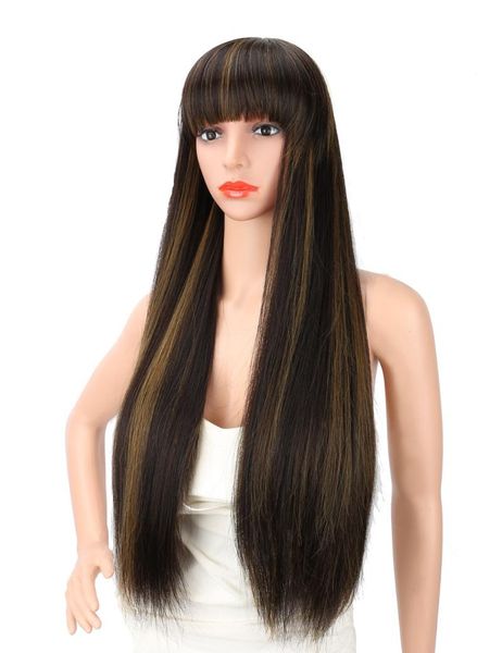 

synthetic wigs boymia 28 inches womenlong silky straight black brown highlights heat resistant smooth yaki wig with bangs hair replac
